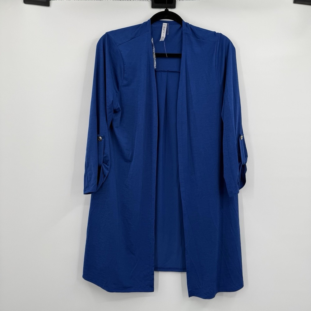 Dear Scarlet Cardigan Womens Large Blue Slinky Stretch Roll tab Sleeve